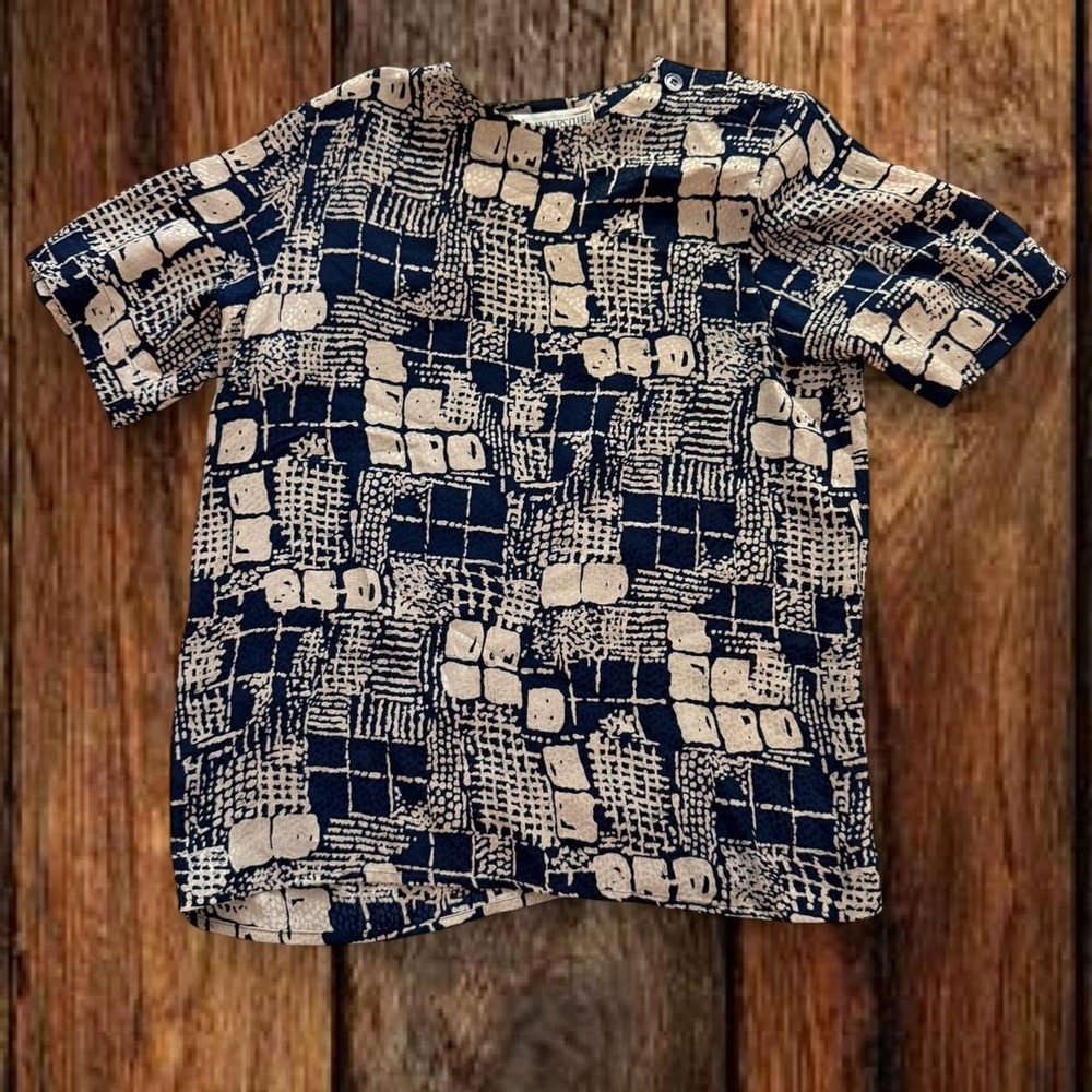 Bankers Club Petites Womens Silk Abstract Print Short Sleeve Blouse Blue Beige 2
